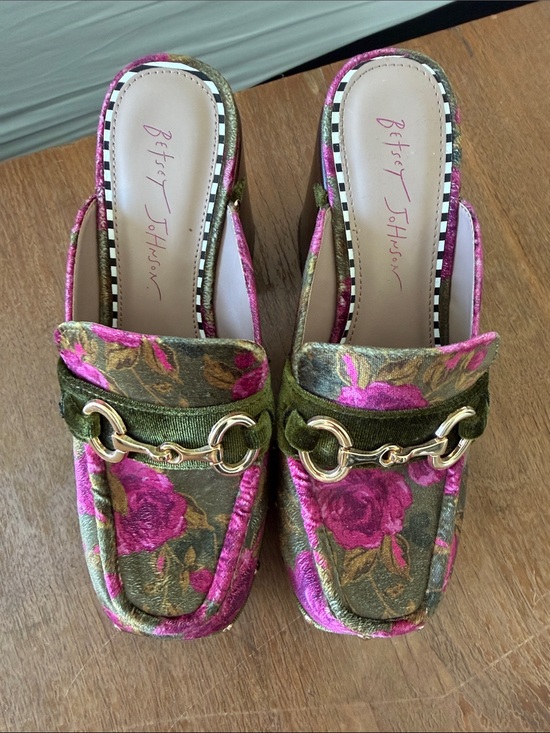 Betsey Johnson Shoes - Betsey Johnson Pink & Olive Floral Velvet Mules with Gold Hardware